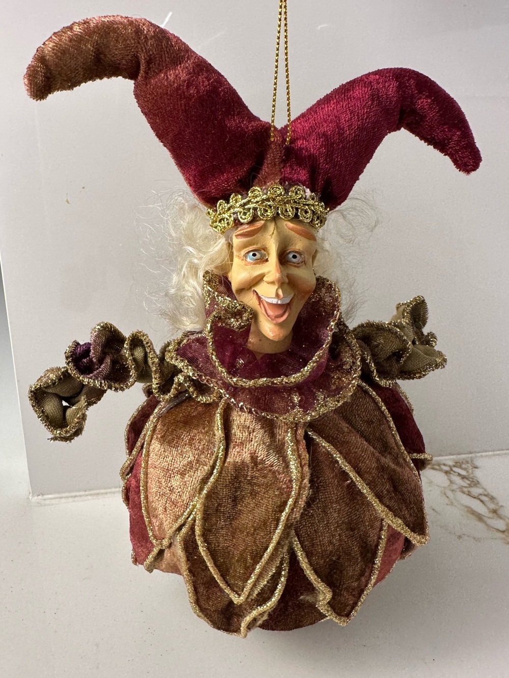 Large Burgundy Gold Velvet Jester Christmas Ornament